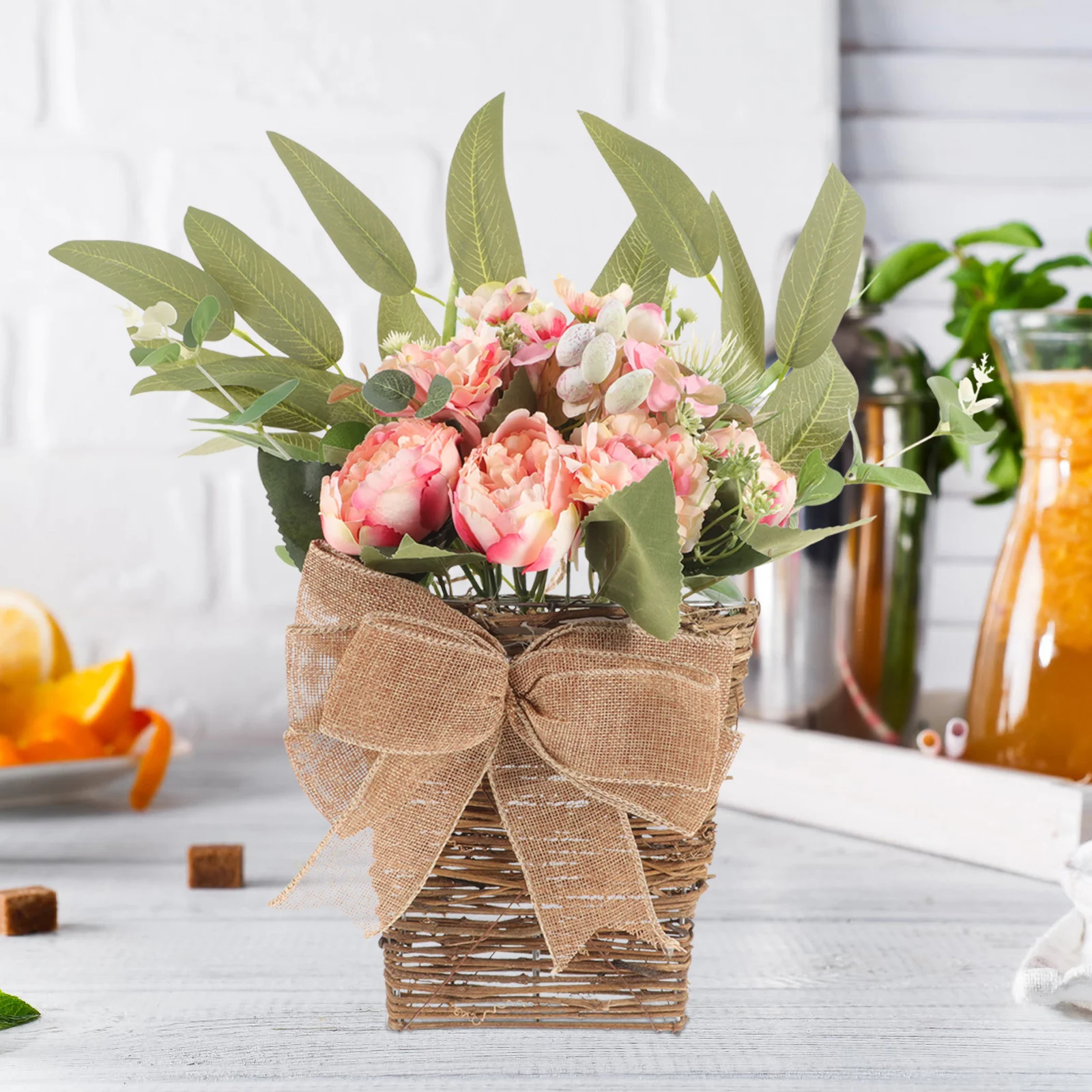 

Hanging Peony Flower Basket Door Artificial Flower Lifelike Peony Flower Basket for Door