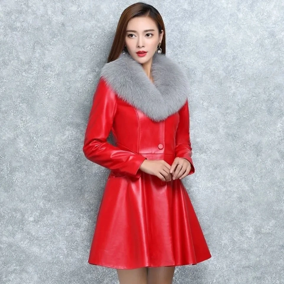 Big Size 4XL Brand Red Leather Coats Windbreaker Faux Fur Collar V-neck Coat Female Party Outwears 2022 Fashion Leather Jackets enlarge