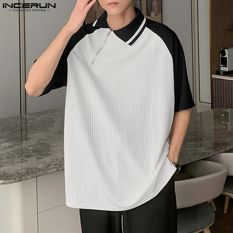 

INCERUN Tops 2023 Stylish New Men's Zipper Design Lapel Shirts Leisure Patchwork Handsome Male Solid Short Sleeved Blouse S-5XL