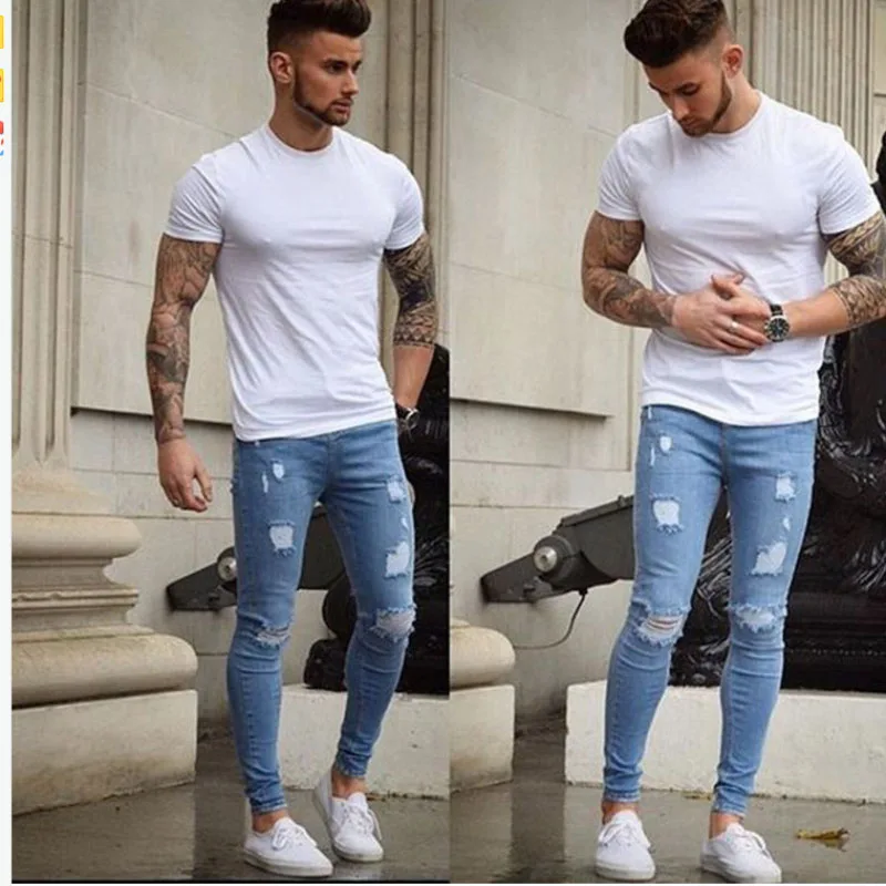 High Quality New White Frayed Small Feet Slim Jeans European And American Men's Skinny Jeans