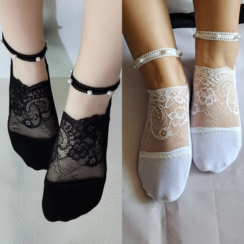 

1 Pair Chic Women Socks Spring New Fashion Ankle Female Thin Pearl Summer Korean Style Invisible Funny Breathable Lace Socks