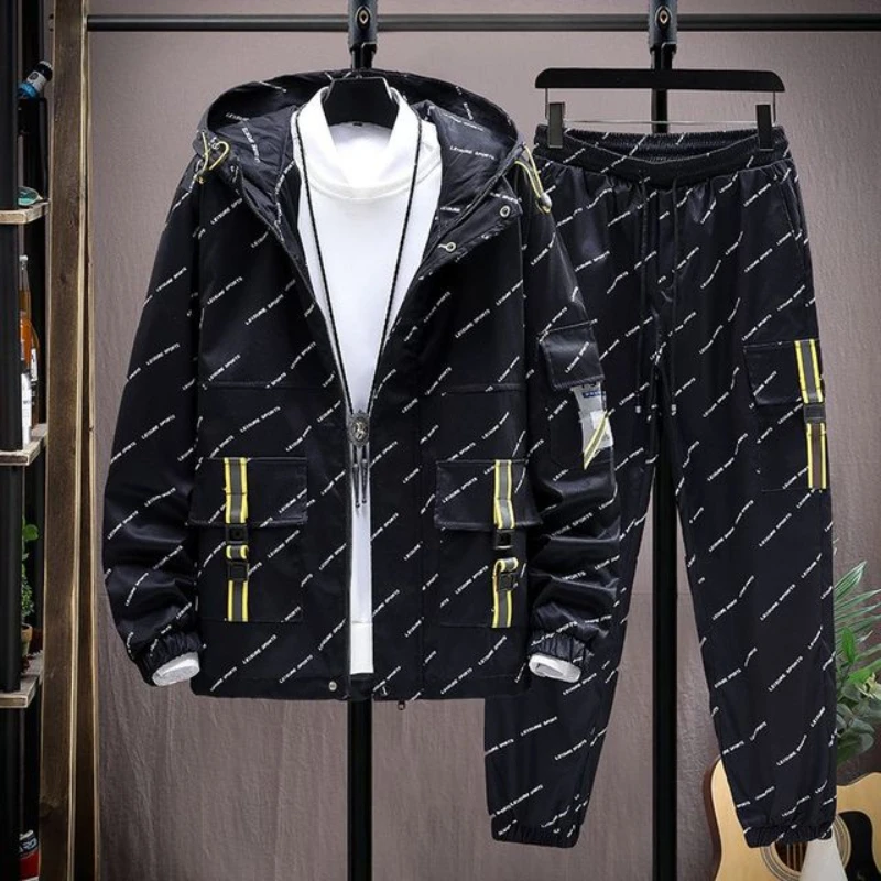 Spring And Autumn New Fashion Casual Men's Printed Jacket Suit Youth Trend Hooded Long-Sleeved Top And Pants Two-Piece Set