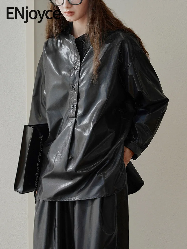 

Женская длинная рубашка с воротником-стойкой ENjoyce, черная блестящая блузка свободного покроя в винтажном стиле, осень 2023