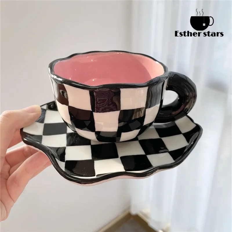 

Hand Painted Ceramic Mugs Personalized Chessboard Original Design Coffee Cup Saucer For Tea Milk Creative Gifts Handle Drinkware