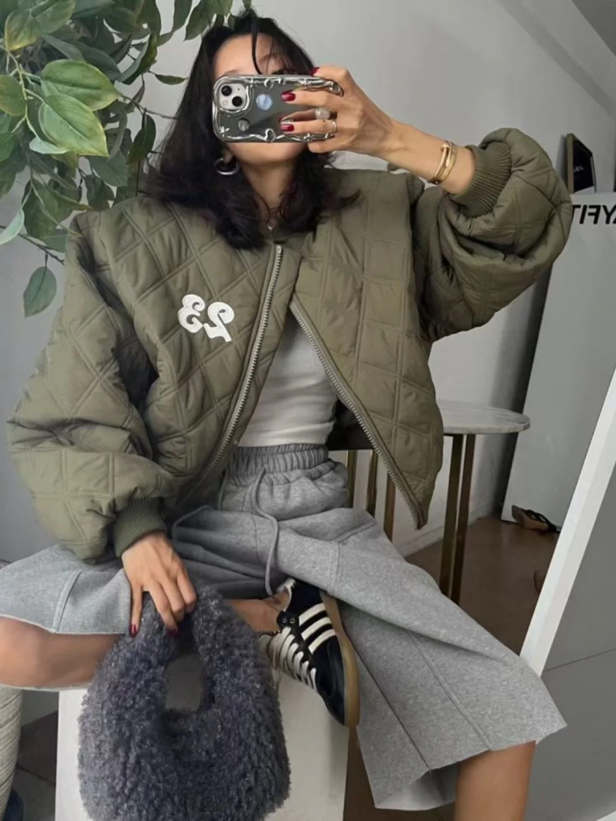 Letter Embroidery Rhombus Baseball Uniform Cotton-padded jacket Outerwear Women South korea Stand Collar Quilted Warm Age-Red...
