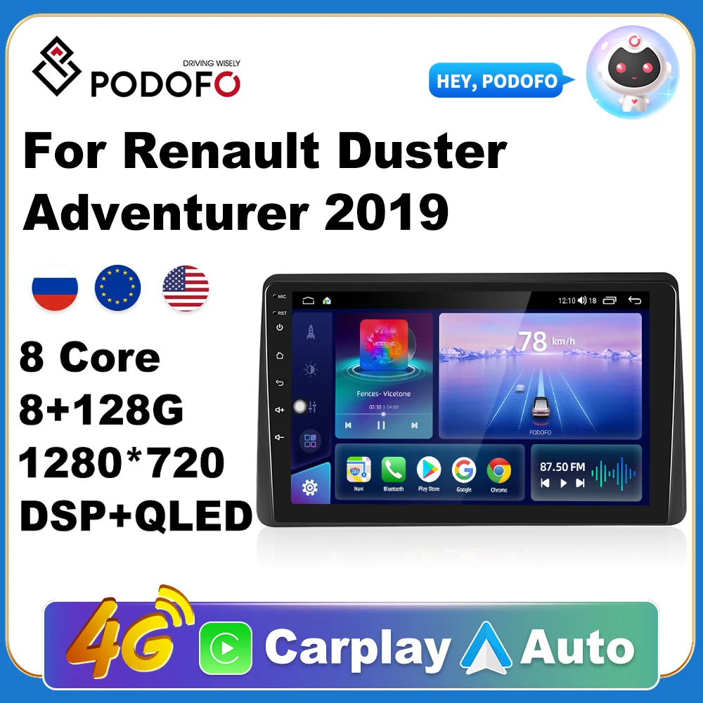 

Podofo 4G Carplay DSP RDS 2din Android автомобильный Радио мультимедийный видео плеер навигация GPS для Renault Duster Adventurer 2019