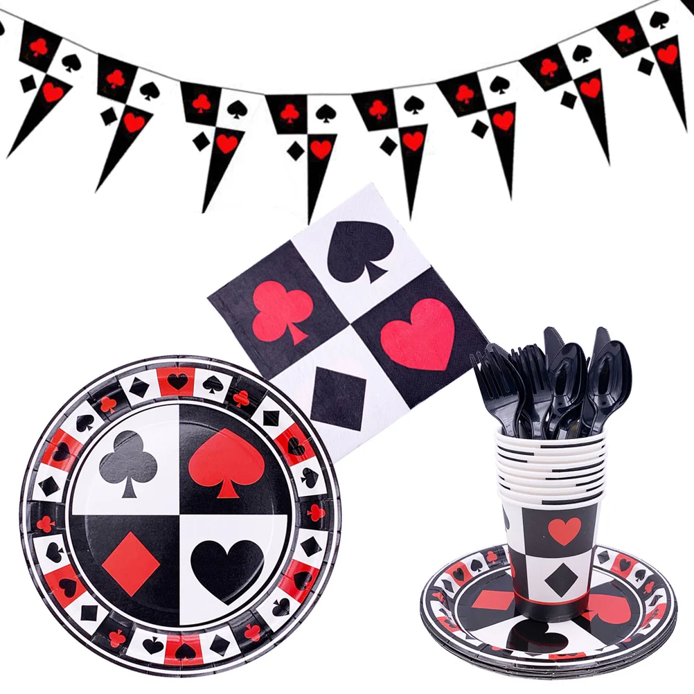 

Party Tableware Supplies Set Decor Casino Poker Game Theme Decorations Kit Cake Cutlery Banner Carnival Serves