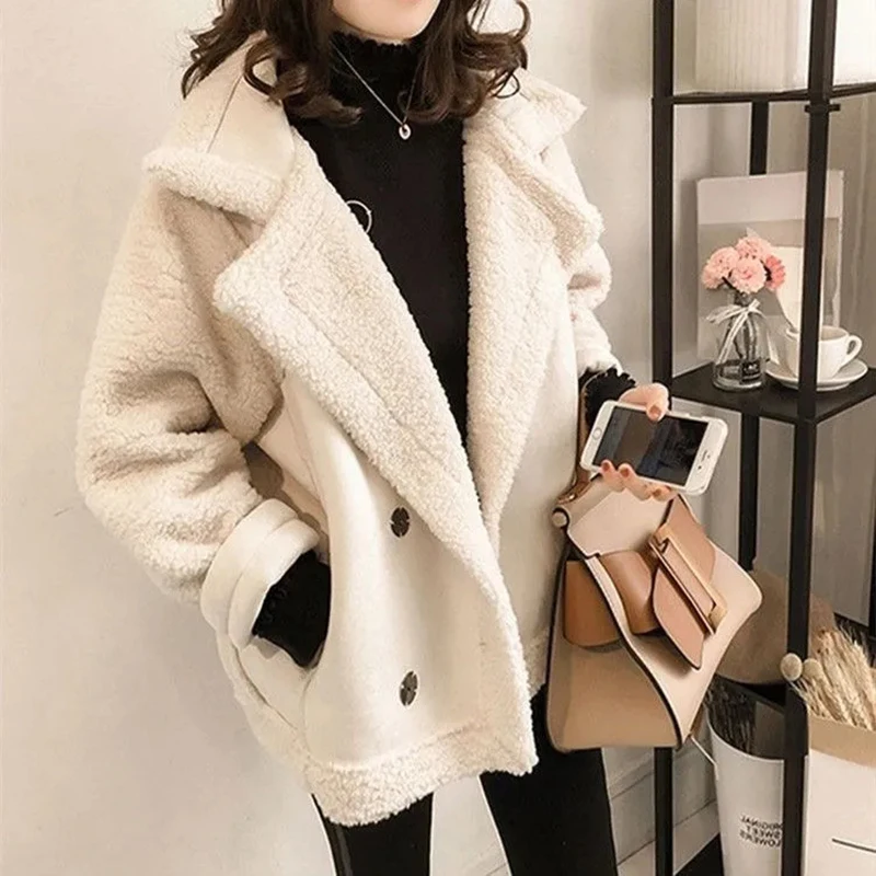

Large Size Turn-Down Collar Lamb Jacket Winter Thicken Warm Blend Coat Double Breasted Streetwear Cropped Outerwear Abrigos 2022