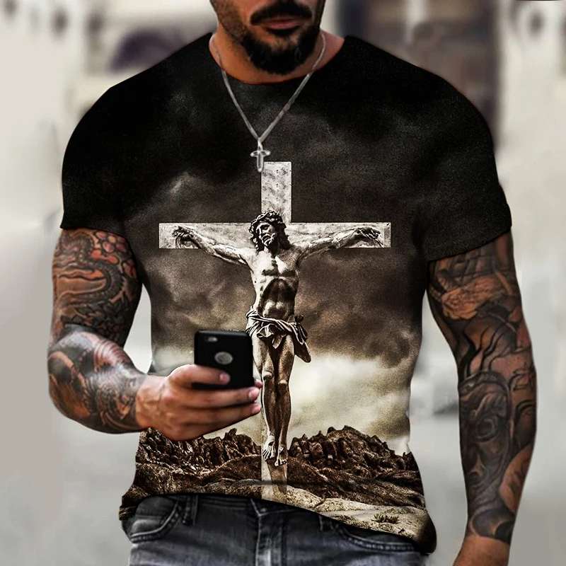 

Футболка мужская с 3D принтом Христос Иисуса, свободная рубашка с принтом Креста, винтажная с коротким рукавом, с графическим принтом, улична...