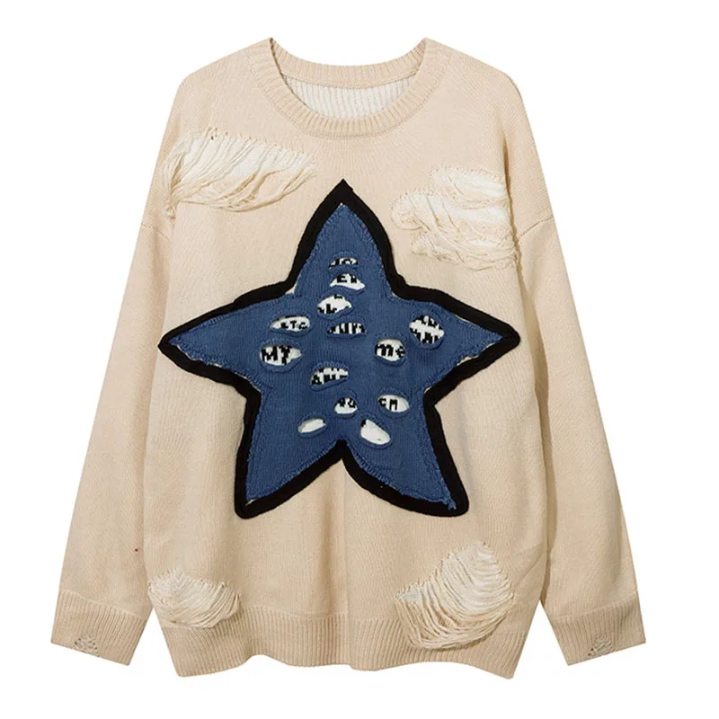 Мужской трикотажный свитер в стиле харакудзю с нашивками виде звезд