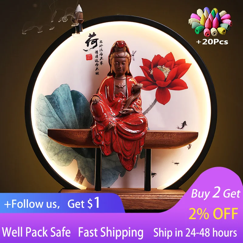 

Ceramic Tathagata Avalokitesvara Backflow Incense Burner Household Interior Zen porch, study, light circle, lotus decoration