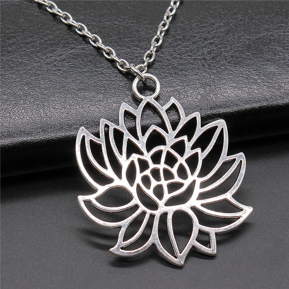 Цепочка с подвеской в виде лотоса для мужчин и женщин, винтажное ожерелье под античное серебро 42x48 мм, длинная цепь, модные ювелирные аксессуары