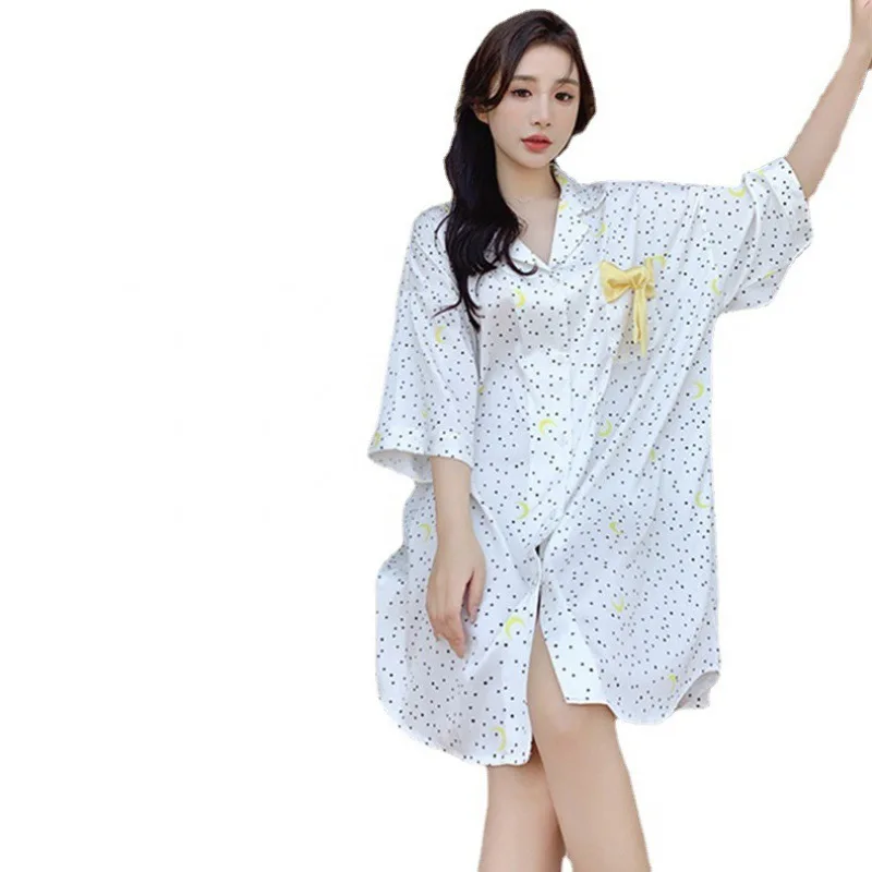 2022 Ice Silk Nightdress Women Summer Print White Bow Pajamas Silk Loose Plus Size Homewear Nightdress Nighty for Ladies