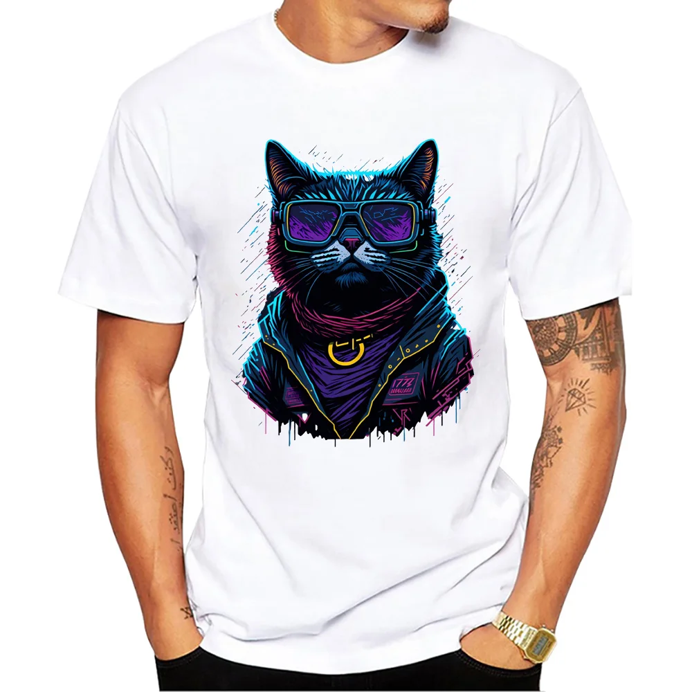 Teehub Vintage coole Katze Herren Tops Katze mit Sonnenbrille druck T-Shirt O-Ausschnitt Männer Kleidung Kurzarm männlich lässig Streetwear – Detail 4