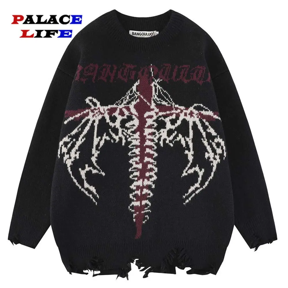 Men Streetwear Ripped Sweater Retro Vintage Cross Skeleton Hip Hop Knitted Sweater Distressed Unisex Pullover Sweater 2022