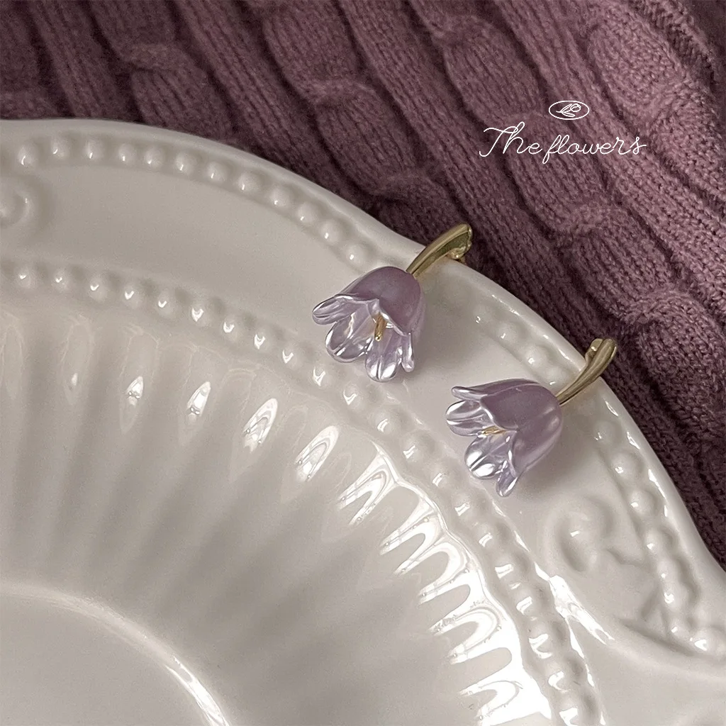 

925 Silver Needle Plated 14K Purple Tulip Earrings for Women Delicate Vivid Sweet Retro Drop Earrings Party Ear Jewelry for Gift