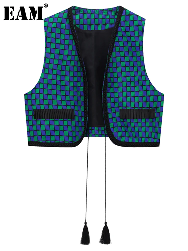 

[EAM] Women Green Plaid Bandgae Tassels Vintage Loose Fit Vest New V-collar Sleeveless Fashion Tide Spring Autumn 2022 1DE6724