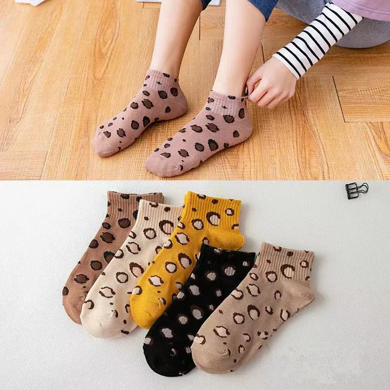 5 Pairs/lot Latest Brand New Cotton Women Leopard Grain Elegant Socks Cute Happy Animal Fur Spring Summer Short Ankle sox