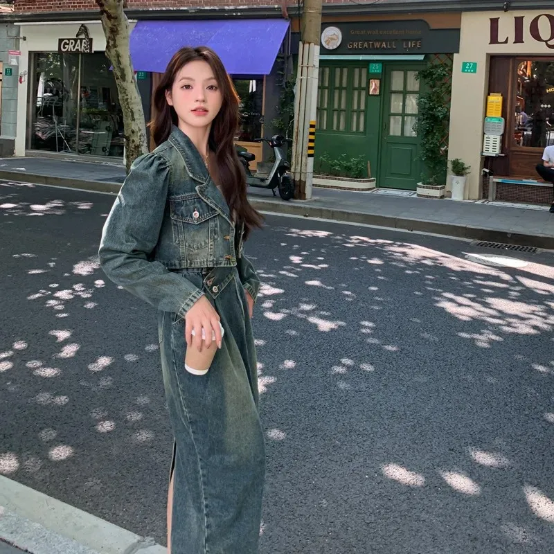 Модный повседневный комплект женской одежды осень 2024 новая винтажная джинсовая