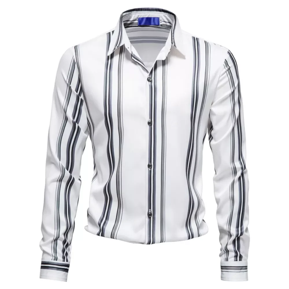 Casual Men's Lapel Vertical Stripe Printed Long Sleeve Shirt 2021 New Business