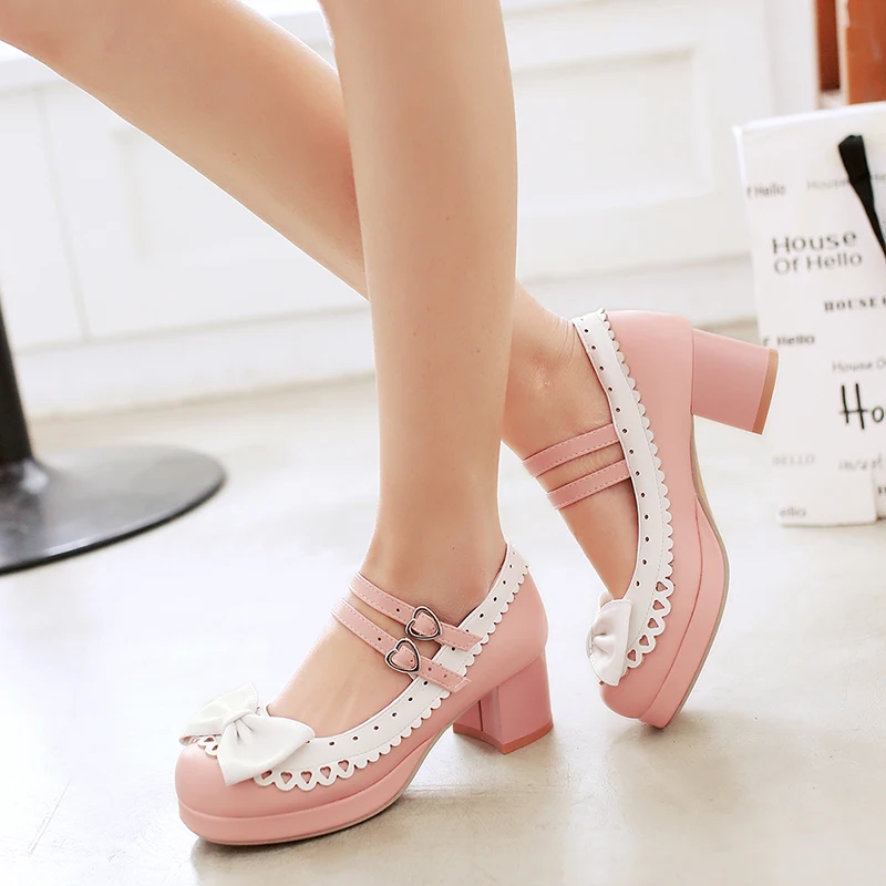 2021 New Spring Autumn Women Pumps Lolita Shoes Platform High Heels Pink Mary Jane Shoes Bow Block Heel Ladies Party Shoes 33-43