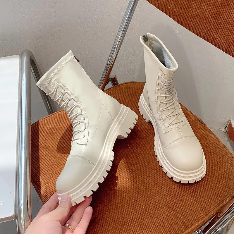 

Женские ботильоны на молнии с круглым носком, осень 2023, новинка, модная повседневная мотоциклетная обувь на платформе, ботильоны на устойчи...