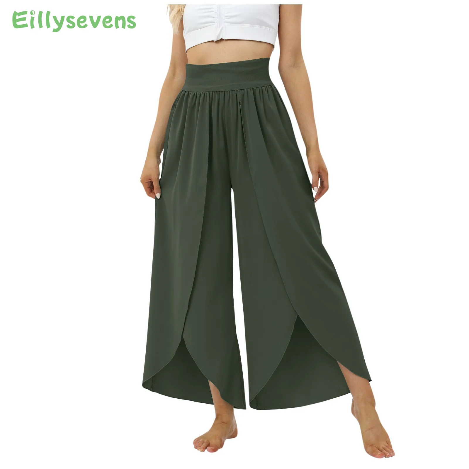 

Женские брюки с высокой талией, широким эластичным поясом, штаны для йоги, однотонные тонкие женские брюки длиной 9/10, широкие брюки с цветочным разрезом
