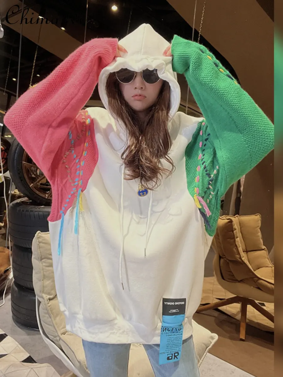 

White Fashion Streetwear Hooded Fleeced Sweatshirt Women's 2022 Autumn Winter New Trendy Loose Elegant Lazy Style Hoodie Top