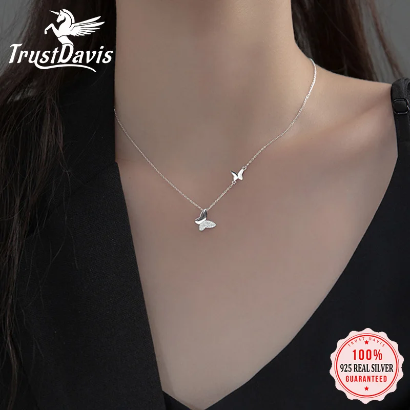 

TrustDavis Real 925 Sterling Silver Necklace Insect Butterfly Dazzling CZ Necklace For Women Birthday Gift Fine Jewelry DA2937