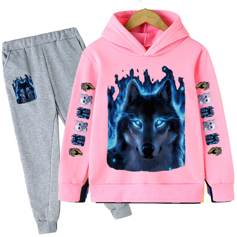 

Kids Clothing New Animal Wolf Cat Hoodies Sets Girls Boys Cotton Children Casual Print Sweatshirt Suit Baby Fashion Clothes Suit