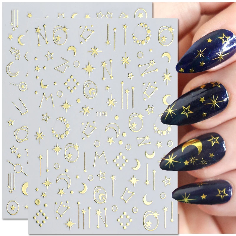Laser Gold Silver Star Moon Nail Stickers Embossed Geometric Starry Heart Nail Decals Designer Design Nails Art Accessories