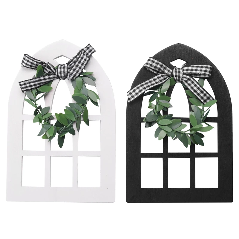 

2Pcs Wooden Farmhouse Window Tiered Tray Decoration Plaid Rustic Farmhouse Decor Cathedral Arch Window Shelf Photo Prop