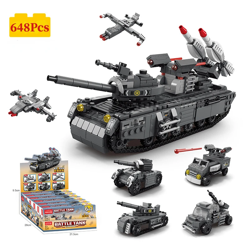 

648pcs 6in1 Tank Building Blocks City Construction Plane Car Bricks Set for Children Toys Kids Gift
