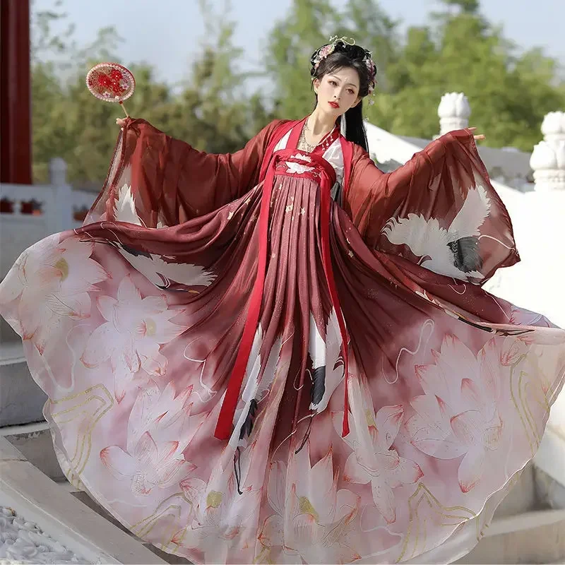 In Stock Original Hanfu Female Chinese Traditional Dresses Fairy Ancient Sinicization Style Long Sleeve Shirt Clothes Crane Red