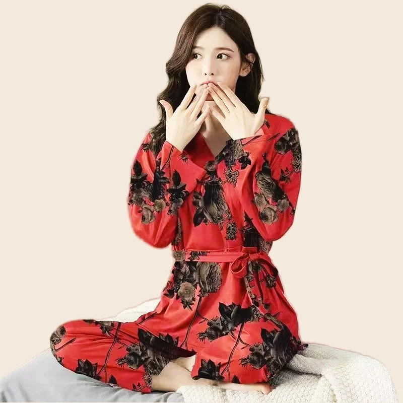 Cotton Pajamas Set Full Sleeve Belt Robe Long Pants 2Piece/Set Autumn Sexy Flower Print Pyjama Big Size Mom Homewear Cozy Plus
