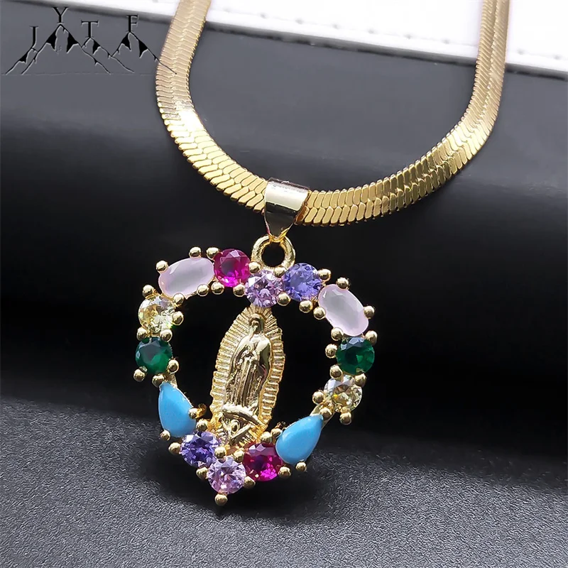 

Virgin Mary Colorful Zircon Heart Necklace for Women Men Stainless Steel Our Lady of Guadalupe Choker Necklaces Jewelry NFF40-1