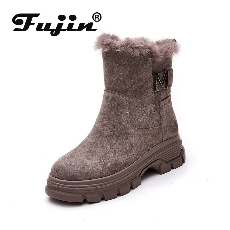 

Fujin 7cm Cow Suede Leather Snow Ankle Mid Calf Booties Fur Plush Autumn Winter Platform Boots for Women Fashion Females Shoes