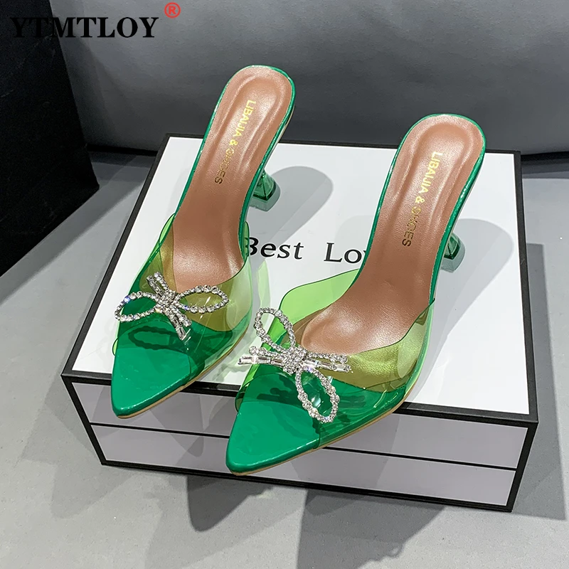 

Woman PVC Summer Sandals Green Open Toe Lace Dress Womens High Heels Square Pumps Transparent Shoes Slides Slippers Clear 5