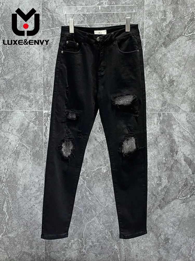 

Джинсы LUXE & ENVY мужские с черными дырками, Приталенные брюки в американском стиле, узкие прямые штаны, весна-лето 2023