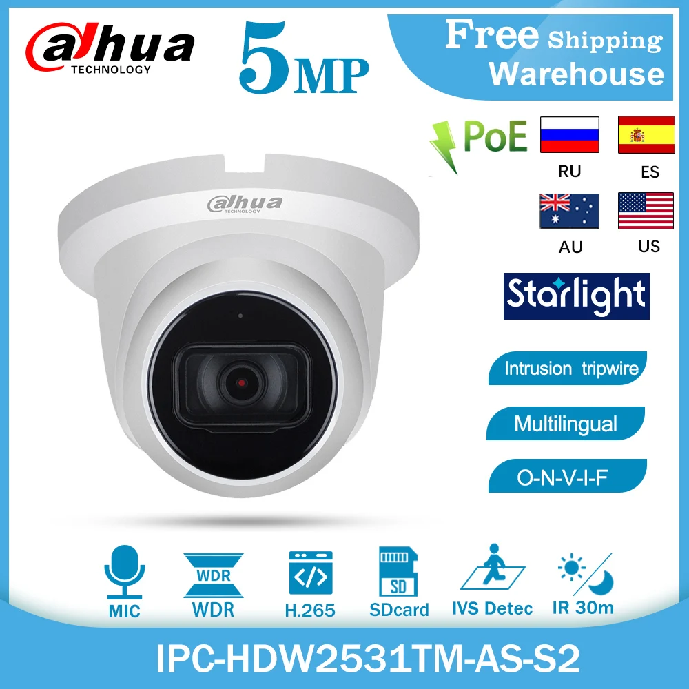 

Dahua 5MP Security Camera IPC-HDW2531TM-AS H.265 Bulit-in MIC Waterproof Starlight Night Vision SD card slot Video Surveillance