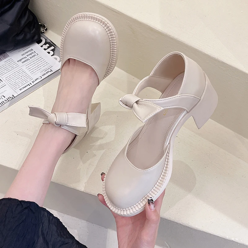 

Женские босоножки на высоком каблуке, универсальные сандалии Мэри Джейн с круглым носком и прозрачным бантом, в стиле ретро, 2022