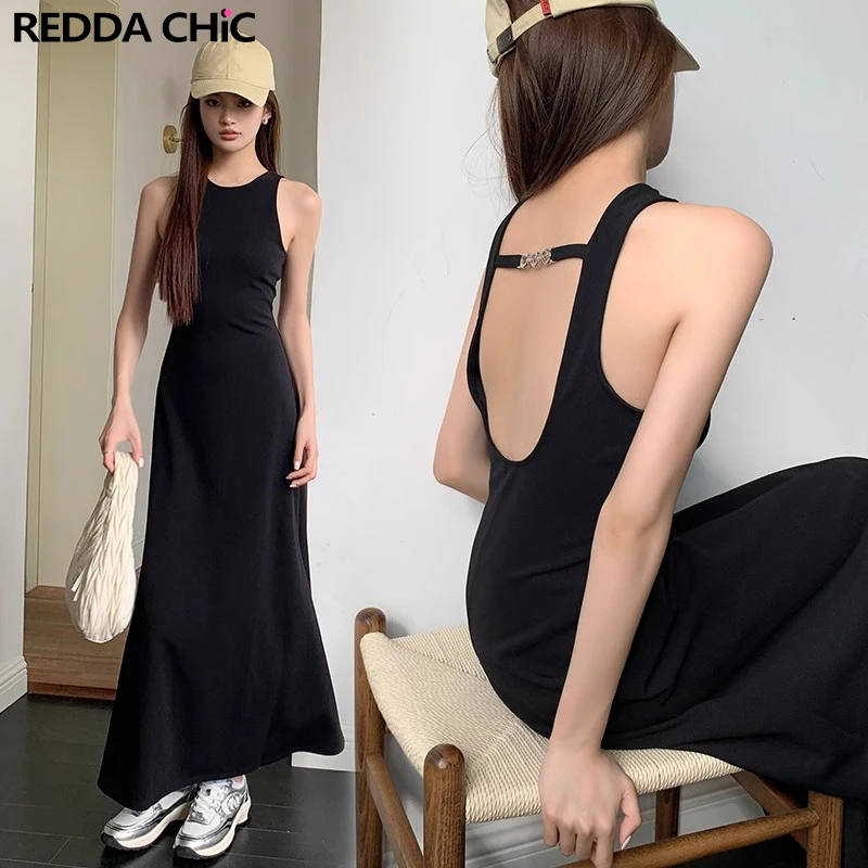 

Шикарное и элегантное женское летнее цельнокроеное платье ReddaChic, длинное платье макси с открытой спиной, простое черное корейское модное острое платье