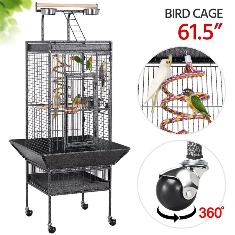 

61.5" Rolling Metal Parrot Bird Cage with Play Top for Cockatiel Lovebird, Black