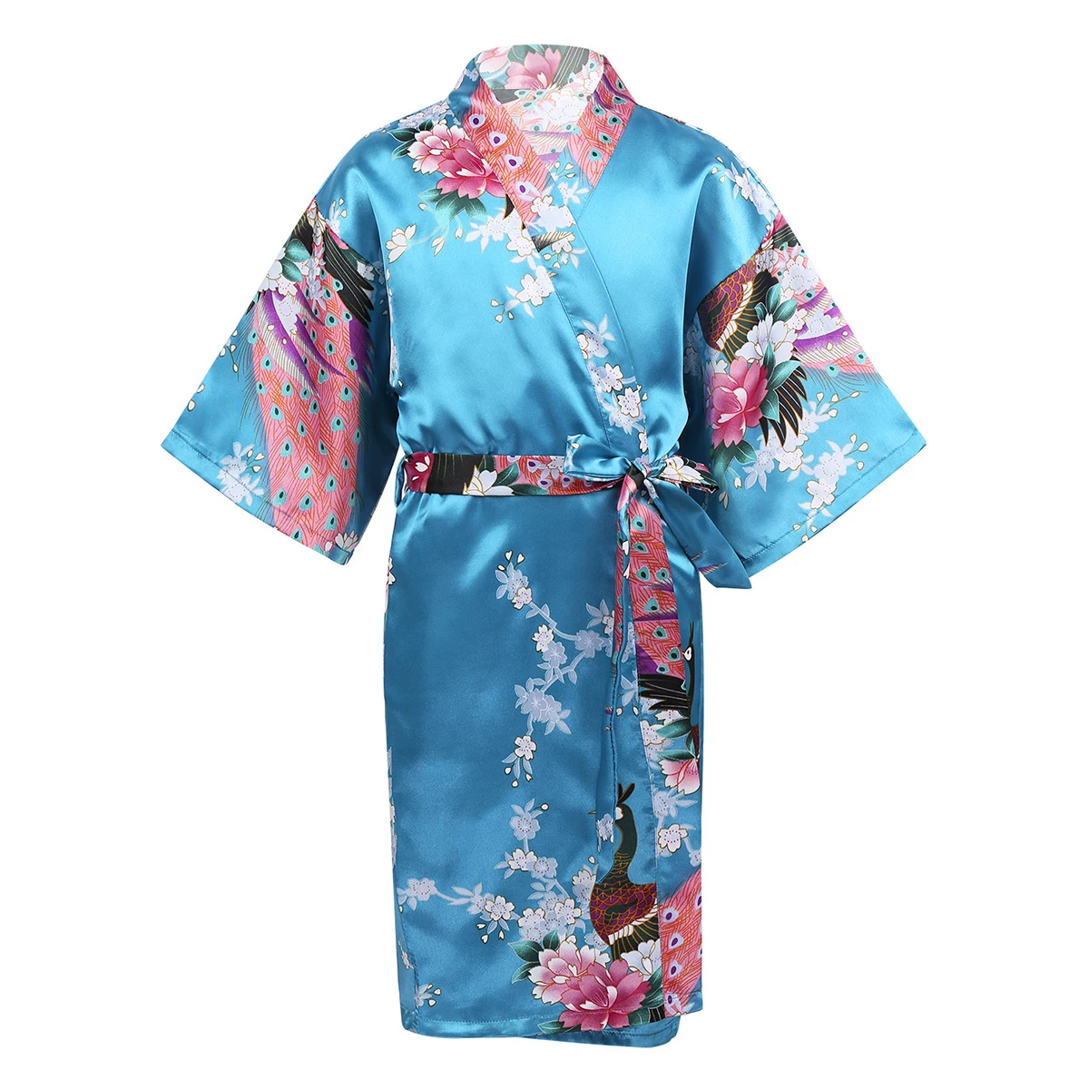 

6-14 Years Kids Girls Child Peacock Flower Printed Satin Kimono Robe Bathrobe Nightgown Sleepwear for Spa Party Wedding Birthday