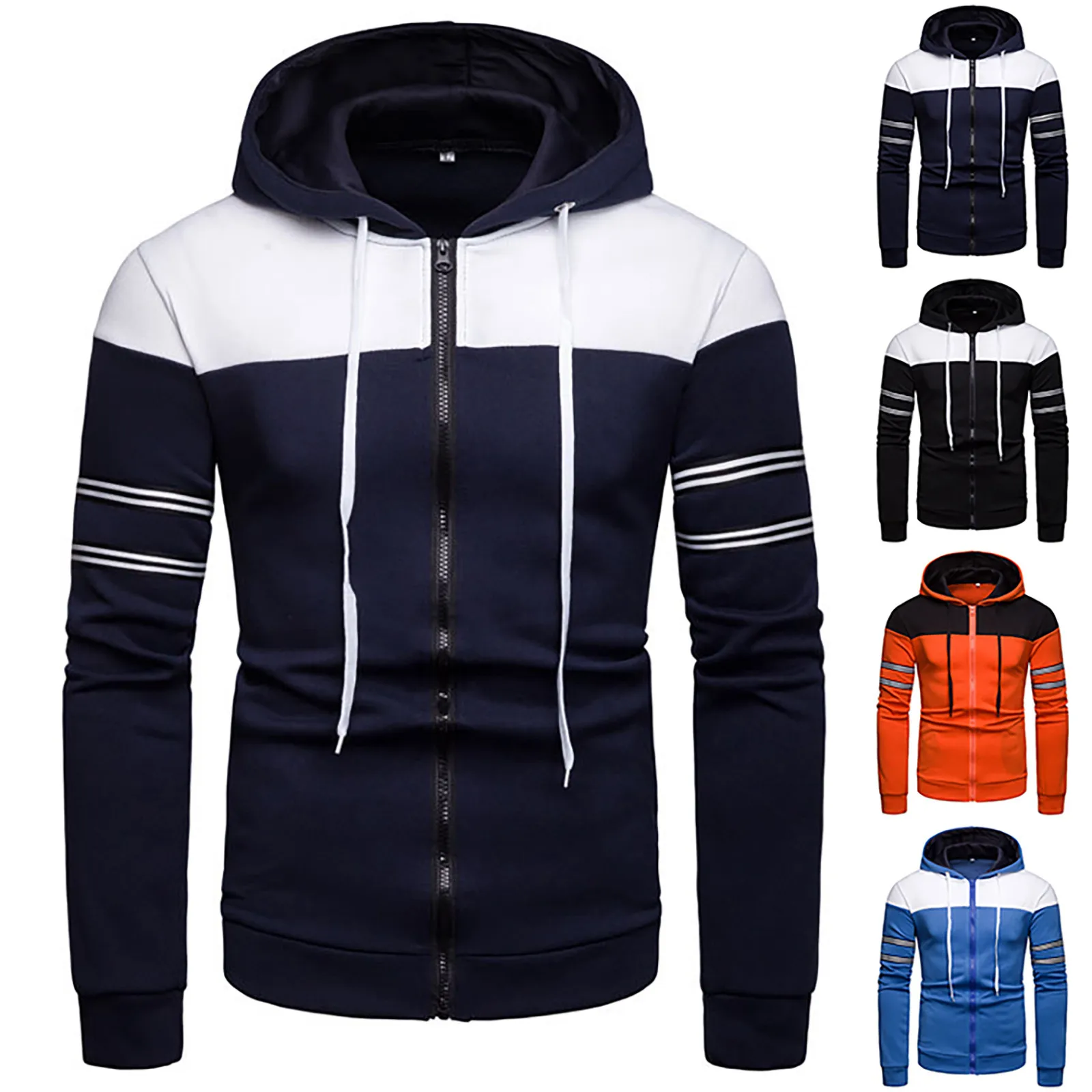 

Men'S Casual Patchwork Striped Zipper Hoodie Sweater Spring Autumn Jacket Warm Zipper Hooded Sweatshirt For Men Outdoor Coat
