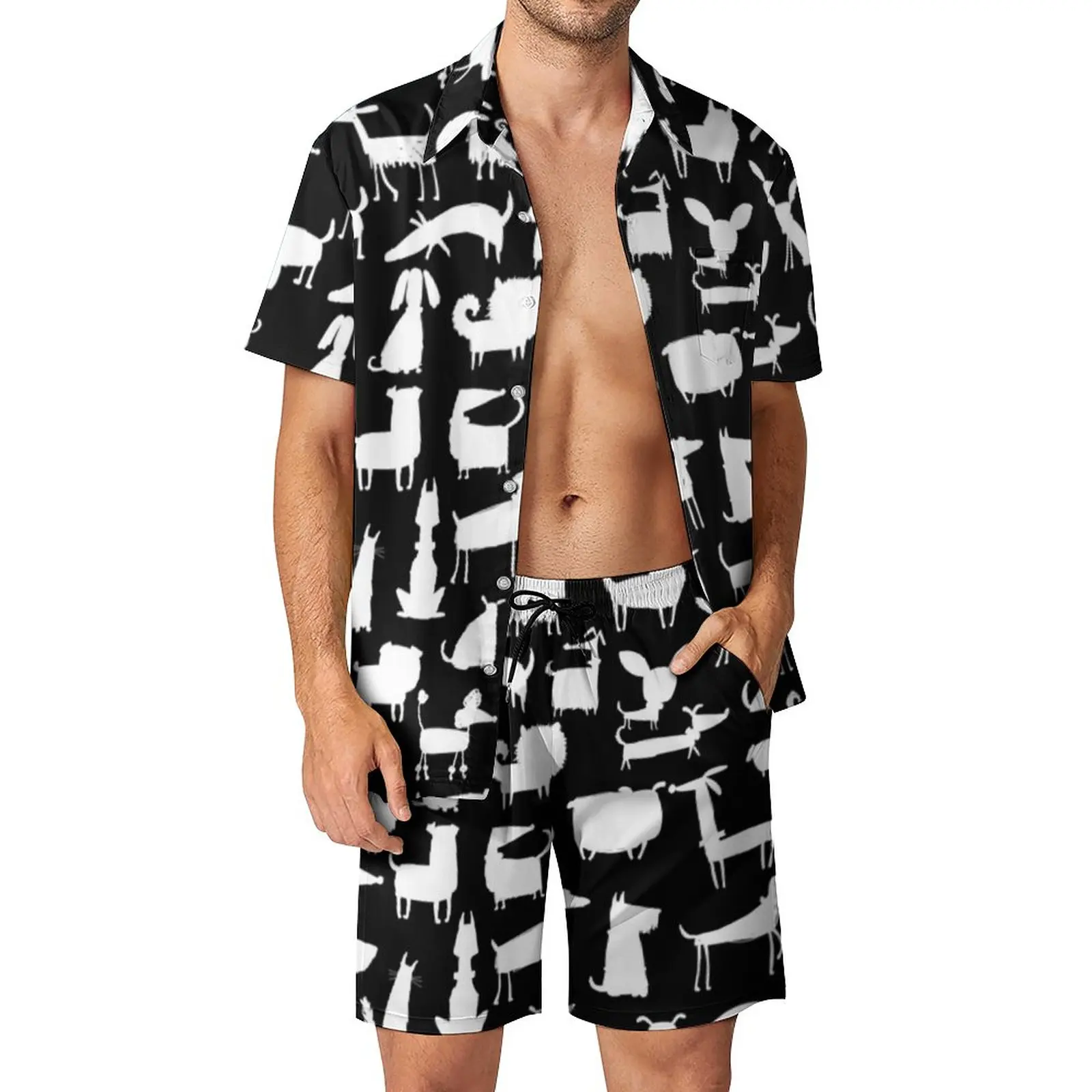 

White Animal Silhouette Men Sets Dogs Print Casual Shirt Set Funny Outdoor Shorts Summer Suit Two-piece Large Size