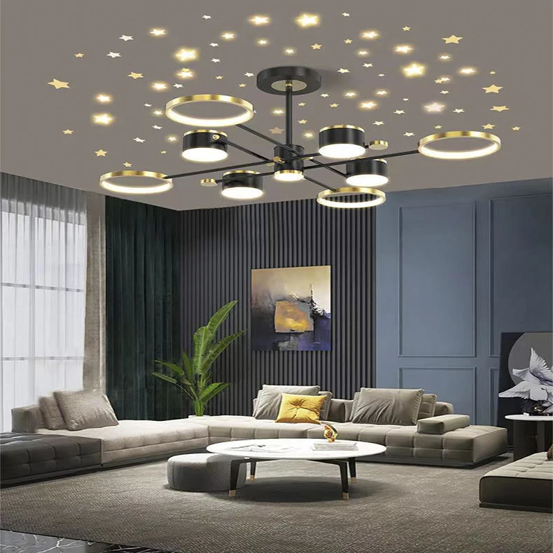 

Потолочная люстра в скандинавском стиле для отеля, светодиодная лампа золотого и черного цвета с изображением звездного неба для спальни, г...