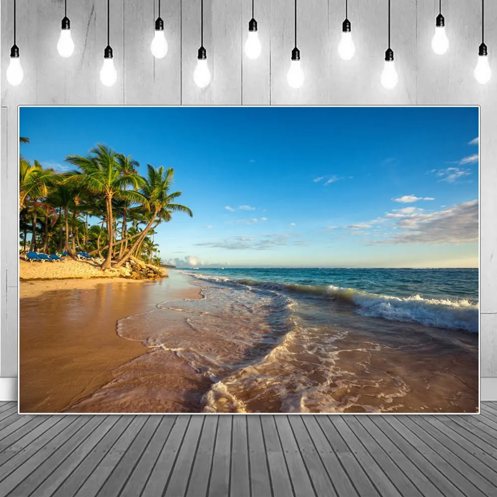 

Dusk Tropical Sea Beach Scenic Holiday Party Photography Backgrounds Summer Palm Trees Chairs Waves Seaside Home Photo Backdrops