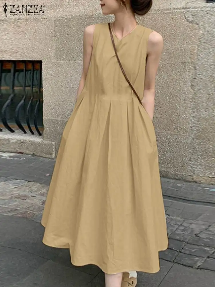

ZANZEA Korean Fashion Holiday Robes Solid Color Casual Vestidos Sleeveless Loose Tank Dress 2023 Summer Women V-neck Midi Dress