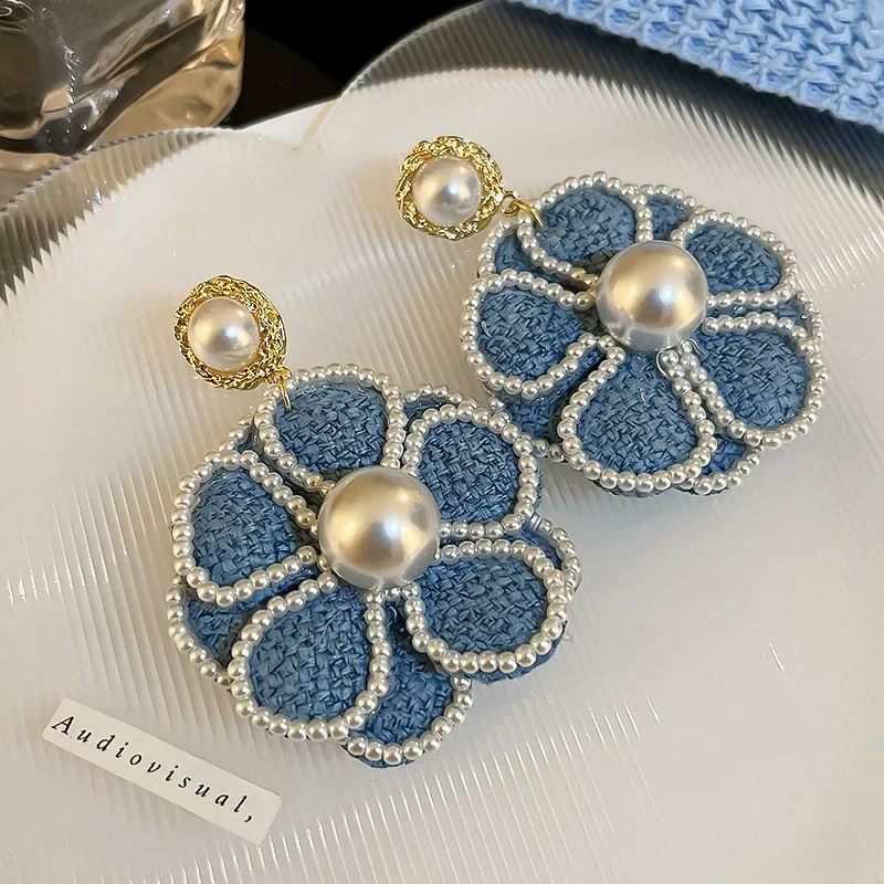 Женские серьги с жемчугом и голубой розой уникальные новинка 2023 модные джинсовые